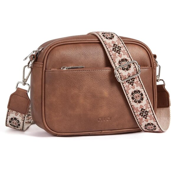 Women Brown Vegan Leather  Crossbody Bag with Adjustable Wide Strap - Picture 1 of 9